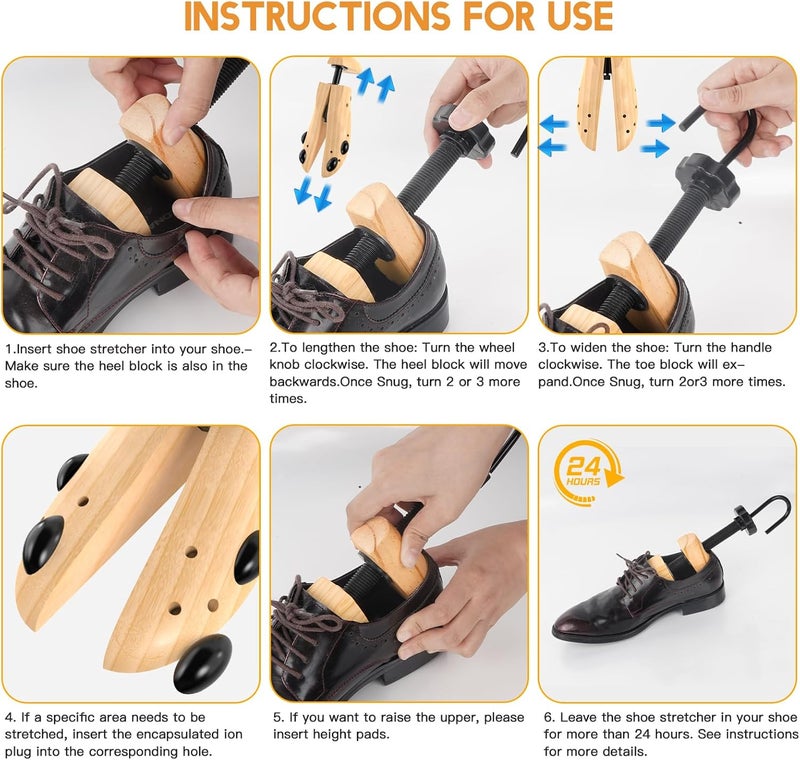 eachway Wooden Shoe Stretcher Men and Women for Wide Feet, Pair Premium of 4-way Shoe Tree Widener Stretch Length & Width - Image 5